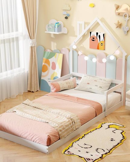 Giantex Twin Floor Bed for Kids, Wood Montessori Floor Bed with Chimney Headboard & Handrail