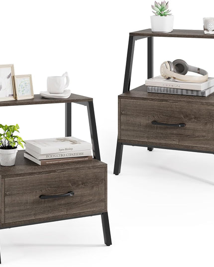 Giantex 3-Tier Farmhouse Nightstand with Drawer and Open Shelf