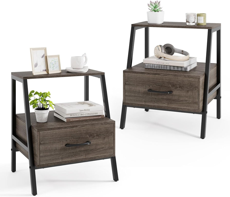 Giantex 3-Tier Farmhouse Nightstand with Drawer and Open Shelf