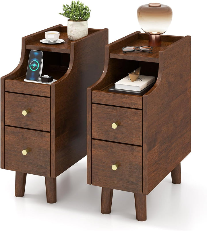 Giantex Narrow Nightstand with 2 Drawers & Pull-Out Tray for Small Spaces