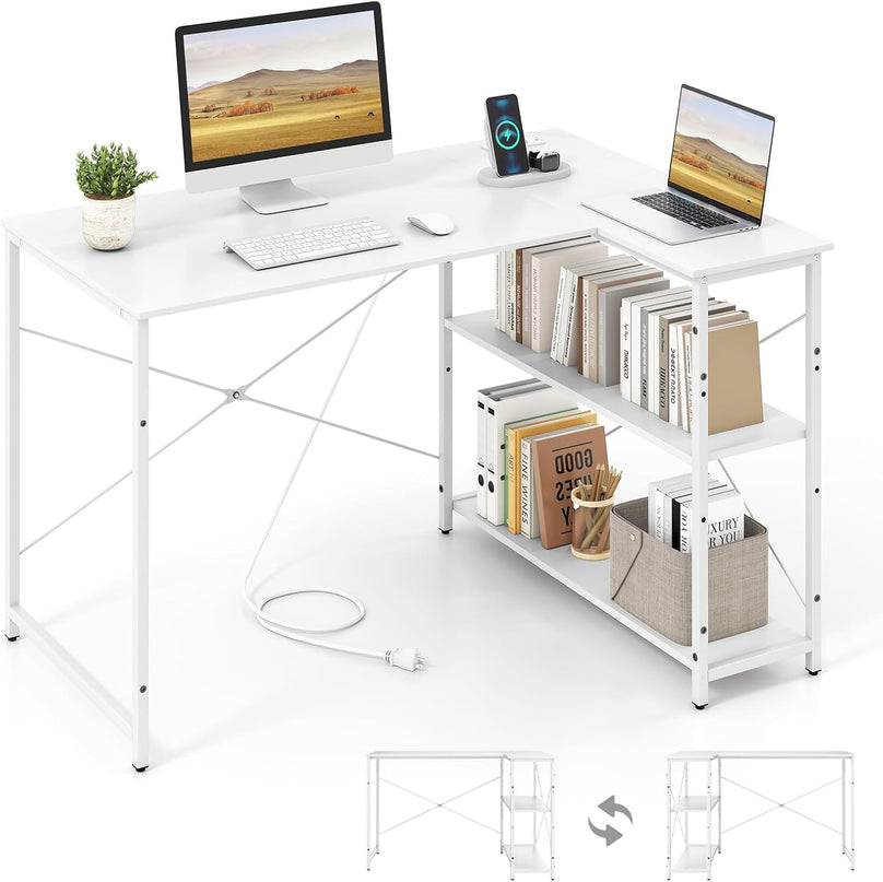 Giantex 47 Inch Reversible Computer Desk with Adjustable Storage Shelves & Metal Frame