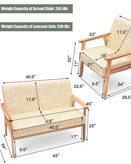 Mid-Century Wooden Loveseat Accent Chair Set - Giantexus
