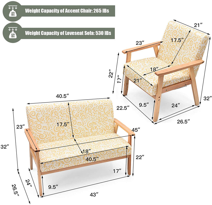 Mid-Century Wooden Loveseat Accent Chair Set - Giantexus