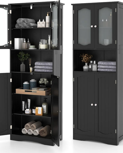Giantex 64.5" Tall Bathroom Cabinet, Pantry Cabinet with Tempered Glass Doors, Adjustable Shelves