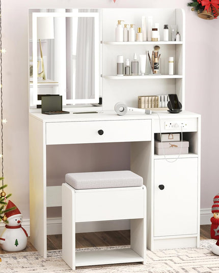 CHARMAID Vanity Desk with Charging Station and Storage Stool for Bedroom