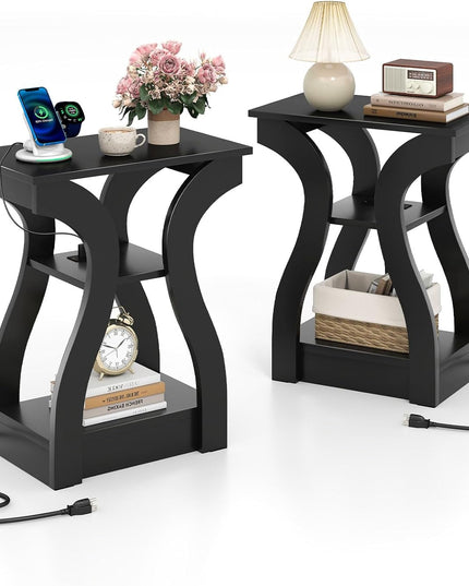 Giantex End Tables with Charging Station Set of 2 |Vintage Nightstands for Living Room