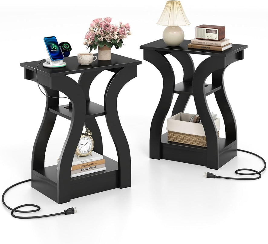 Giantex End Tables with Charging Station Set of 2 |Vintage Nightstands for Living Room