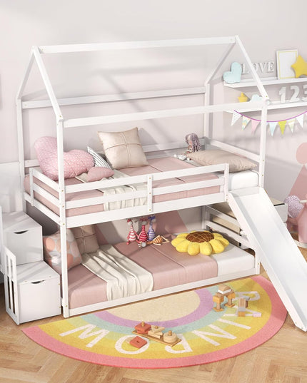 Giantex House Bunk Bed Twin Over Twin with Slide and Storage Stairs, Solid Wood Low Loft Bed Frame with Roof & Guardrail