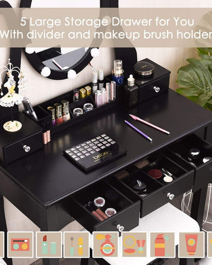 CHARMAID | Vanity Table Set with Lighted Mirror, Makeup Dressing Table with 10 LED Lights, Touch Switch, 5 Drawers - Giantexus