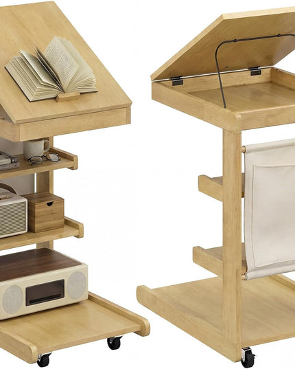 Giantex C-Shaped End Table with Wheels Adjustable Desktop Edge Stopper & 3 Storage Shelves