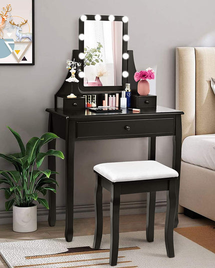 CHARMAID | Vanity Set with Lighted Mirror, Makeup Dressing Table with 10 LED Dimmable Bulbs, Touch Switch, 3 Drawers 2 Dividers - Giantexus