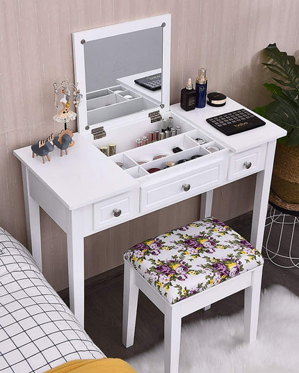 CHARMAID Vanity Set with Flip Top Mirror and 3 Drawers &7 Compartments, White - Giantexus