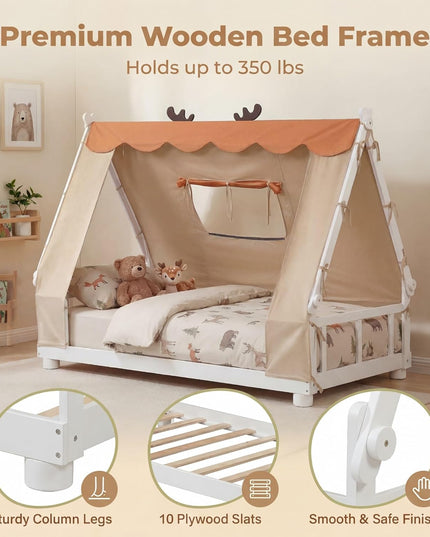 Giantex Twin Floor Bed for Kids, House Wood Bed Frame with Tent