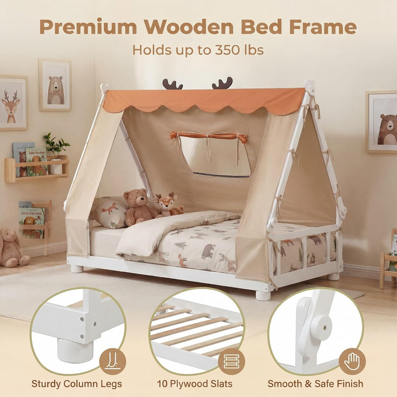 Giantex Twin Floor Bed for Kids, House Wood Bed Frame with Tent