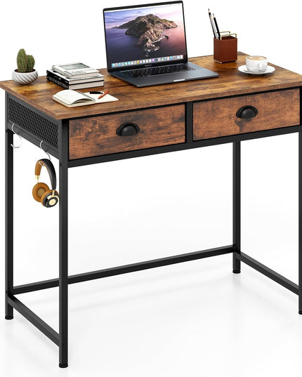 Giantex Small Computer Desk with Fabric Drawers, 36 Inch Home Office Desk with 4 Hanging Hooks & Metal Frame