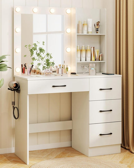 CHARMAID Vanity Desk with Mirror and Lights, Black Makeup Vanity Desk with 4 Large Drawers