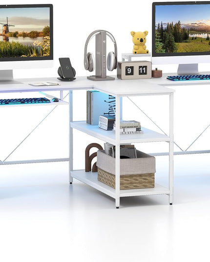 Giantex 94.5” 2 Person Desk with LED Lights, Long PC Study Desk with Storage Shelves, Power Outlets