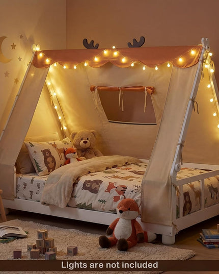 Giantex Twin Floor Bed for Kids, House Wood Bed Frame with Tent