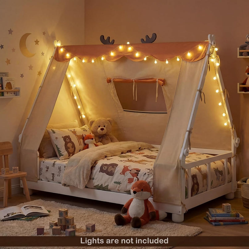 Giantex Twin Floor Bed for Kids, House Wood Bed Frame with Tent