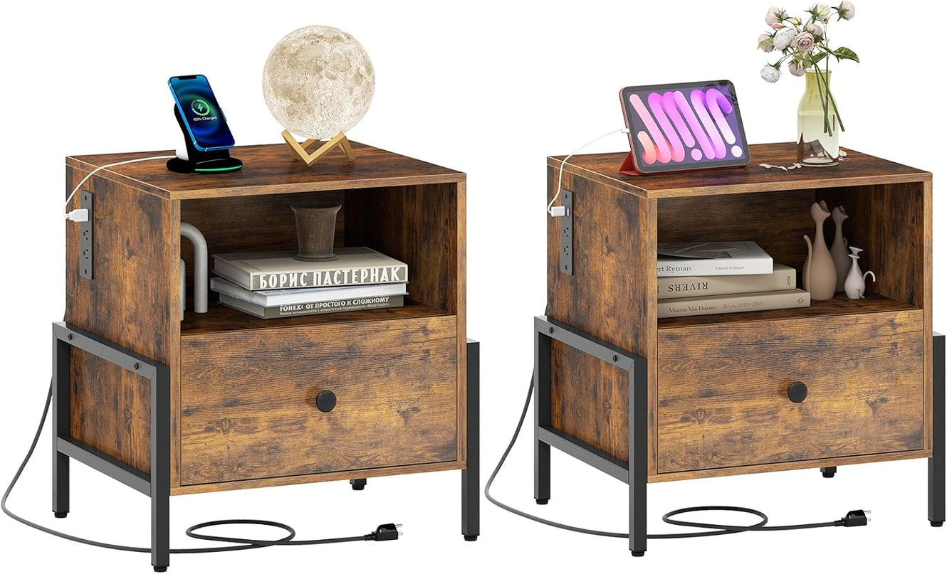 Giantex Industrial End Table with Charging Station & Storage Drawer
