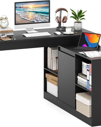 Bureau d'ordinateur d'angle moderne en L réversible Giantex 48" avec 2 portes et 4 compartiments de rangement ouverts
