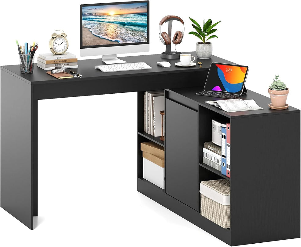 Giantex 48" Reversible L-Shaped Modern Corner Computer Desk with 2 Doors & 4 Open Storage Cubes