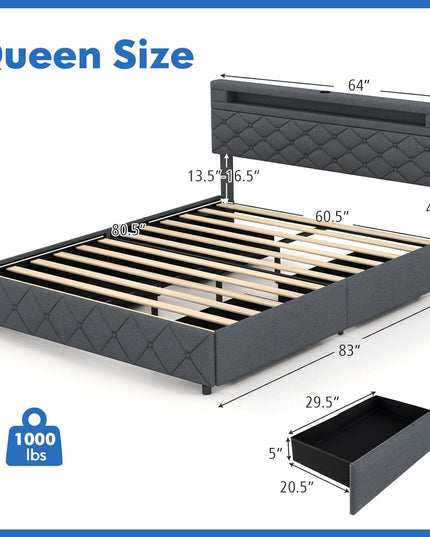 Giantex Bed Frame with Storage Headboard and 4 Drawers, Modern Upholstered Platform Bed with Charging Station