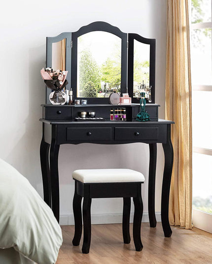 Vanity Table Set with Tri-Folding Mirror and 4 Drawers - Giantexus