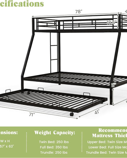 Giantex Twin Over Full Bunk Bed with Trundle, Heavy-Duty Metal Triple Bunk Beds w/Two Side Ladders & Safety Guard Rail, Black