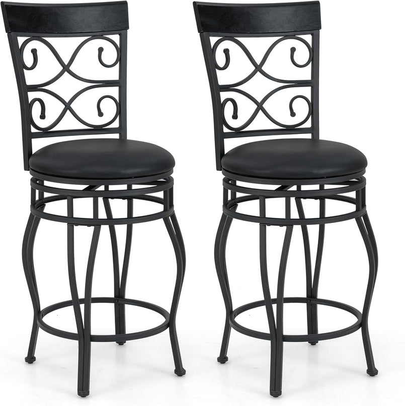 Giantex 26" Swivel Bar Stools Set of 2/4, Counter Height Bar Stools with Back, Upholstered PU Leather Seat, Black