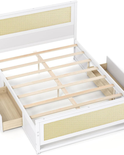 Cadre de lit double/complet en rotin Giantex avec 2 tiroirs de rangement, tête de lit et pied de lit