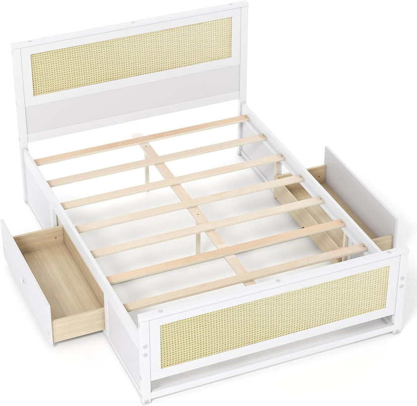 Cadre de lit double/complet en rotin Giantex avec 2 tiroirs de rangement, tête de lit et pied de lit