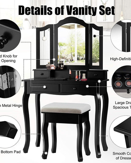 Vanity Table Set with Tri-Folding Mirror and 4 Drawers - Giantexus