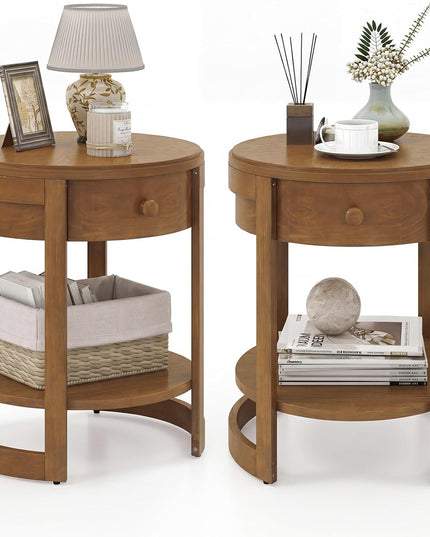 Giantex Round Side Tables Set of 1/2 | 2-Tier Retro End Tables with Drawer & Shelf
