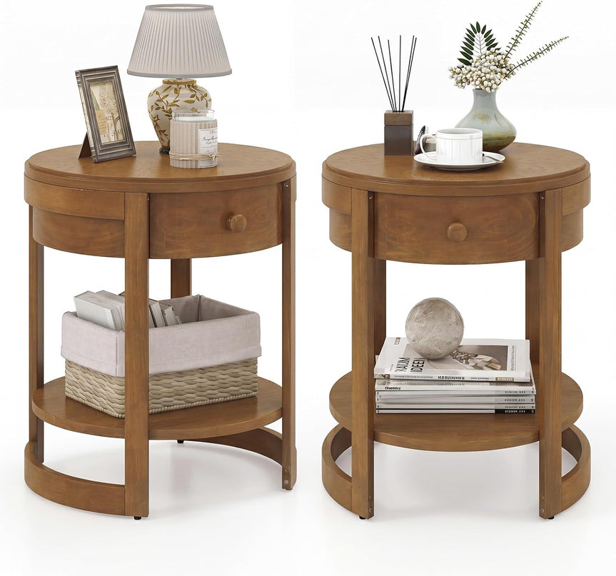 Tables d'appoint rondes Giantex (lot de 1 ou 2), tables de chevet rétro à 2 niveaux avec tiroir et étagère