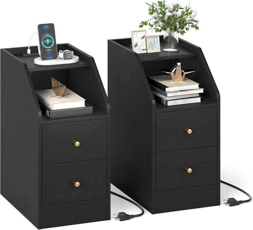 Giantex Night Stand with Charging Station - Sofa Couch End Side Table w/Open Shelf