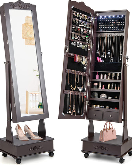 CHARMAID 6 LEDs Rolling Jewelry Cabinet with High Full Length Mirror, Lockable Standing Jewelry Armoire with Wheels