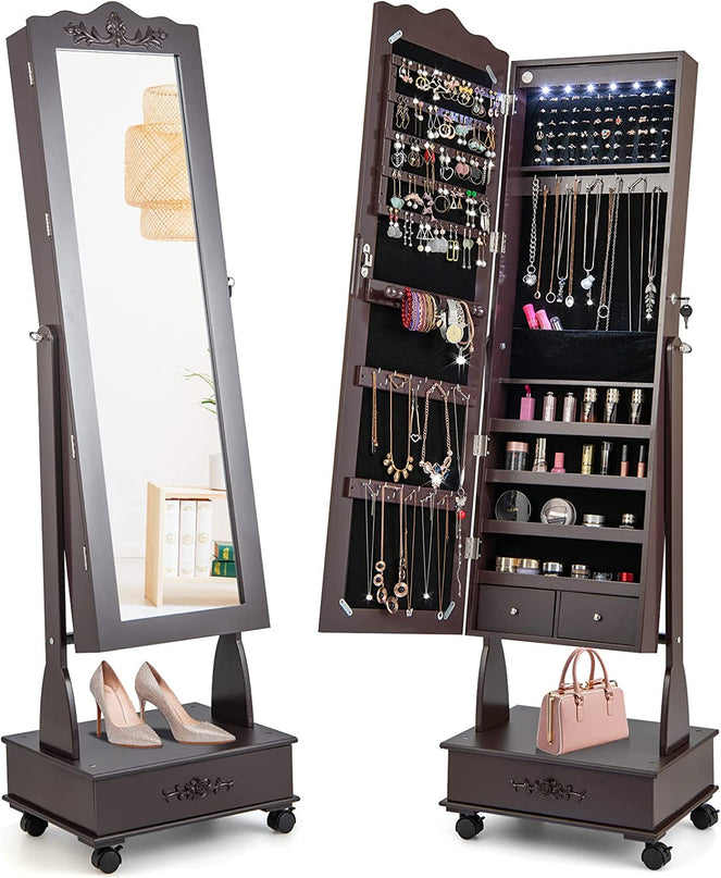 CHARMAID 6 LEDs Rolling Jewelry Cabinet with High Full Length Mirror, Lockable Standing Jewelry Armoire with Wheels