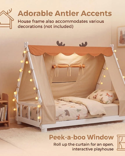 Giantex Twin Floor Bed for Kids, House Wood Bed Frame with Tent