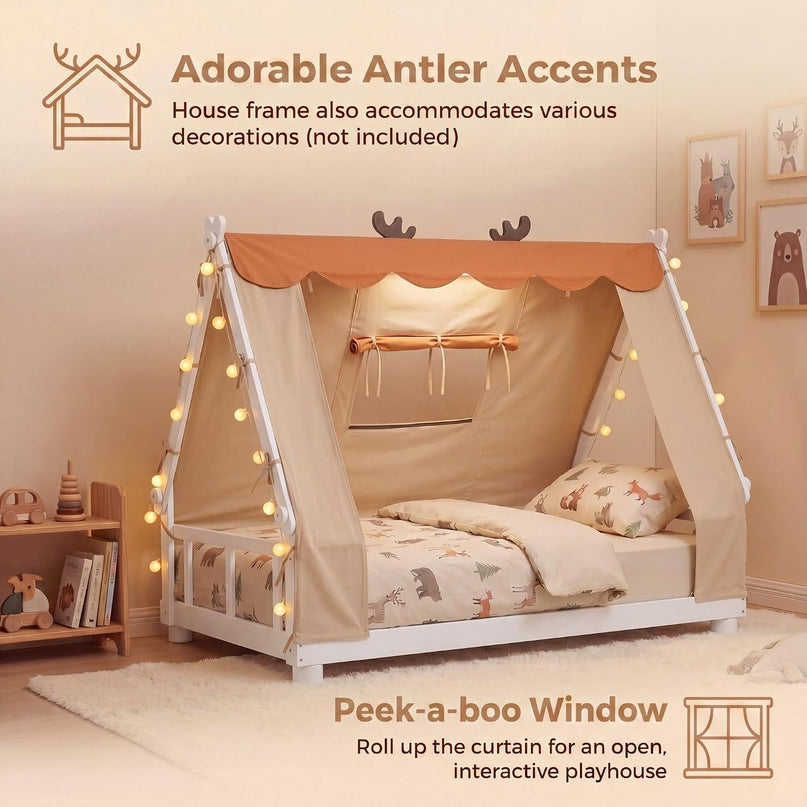Giantex Twin Floor Bed for Kids, House Wood Bed Frame with Tent