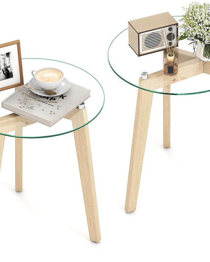 Giantex Modern Round Bedside Nightstand with Clear Tempered Glass Top & Rubber Wood Legs