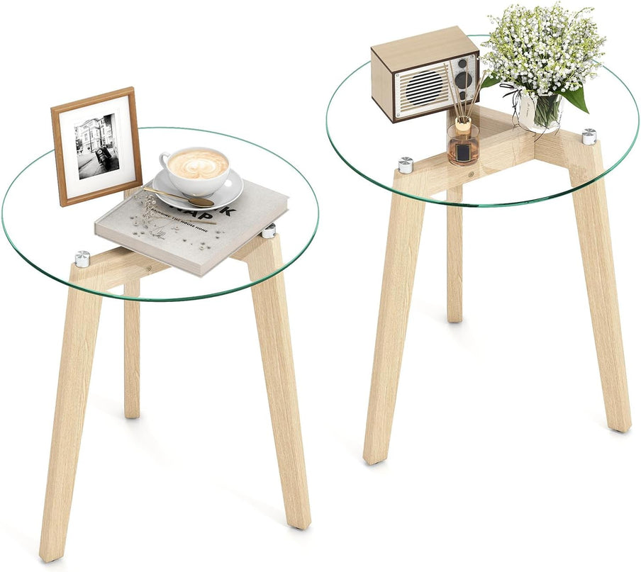 Giantex Modern Round Bedside Nightstand with Clear Tempered Glass Top & Rubber Wood Legs