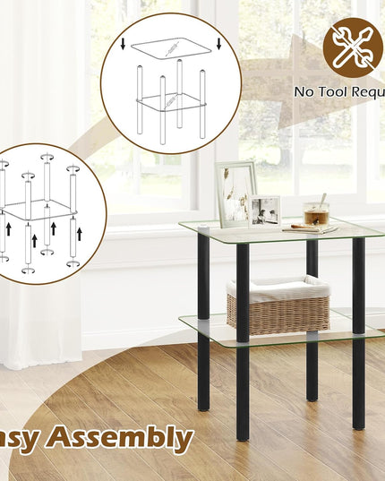 Giantex Square End Table, 2-Tier Sofa Side Table with Clear Tempered Glass Top & Shelf