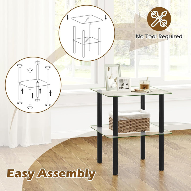 Giantex Square End Table, 2-Tier Sofa Side Table with Clear Tempered Glass Top & Shelf