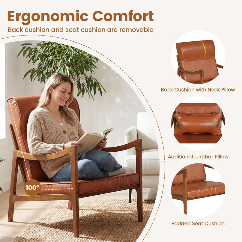 Giantex Mid-Century Faux Leather Upholstered Armchair with Lumbar Pillow (1/2)