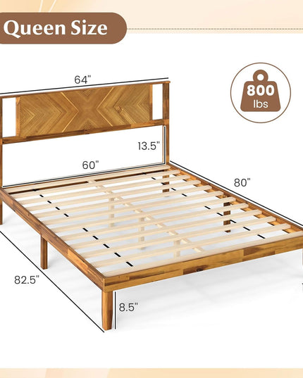 Lit plateforme Giantex Mid-Century Modern en bois d'acacia avec tête de lit et support à lattes en bois