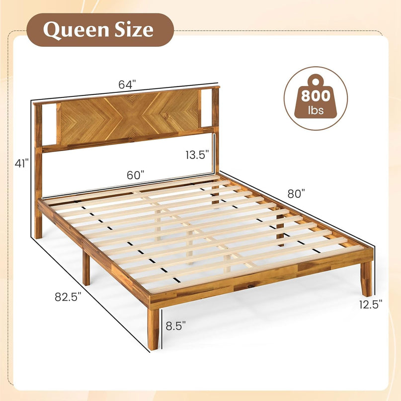 Giantex Mid-Century Modern Acacia Wood Platform Bed with Headboard & Wooden Slats Support