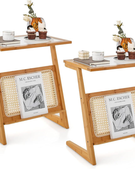 Giantex Rattan Side Table, Boho End Table with Glass Top & Magazine Rack, Z-Shaped Nightstand with Storage