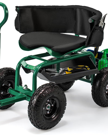 Giantex Rolling Garden Cart, 360 Swivel Workseat with 4 Wheels, Removal Cushion & Tool Tray, Storage Basket