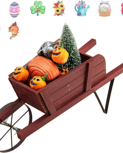 Giantex Wooden Wagon Planter, Small Wheelbarrow Wagon Flower, Indoor & Outdoor Raised Bed